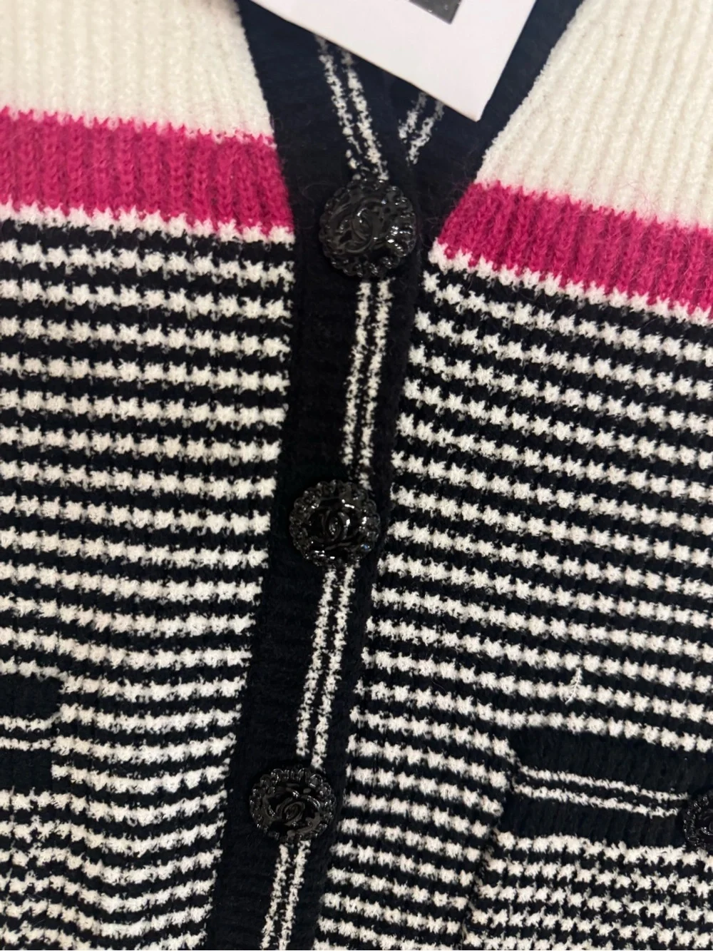 Black, White & Pink Striped Knit Cardigan With CC Logo